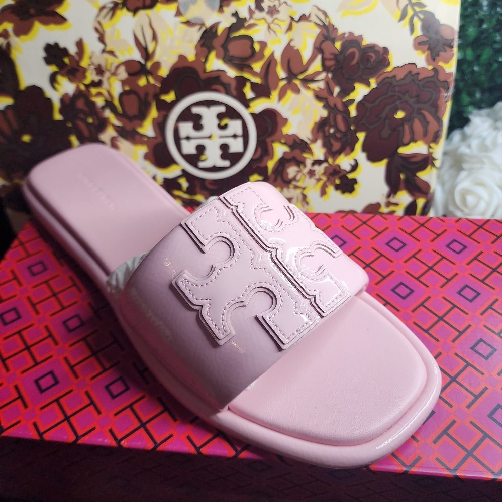 Tory Burch Double T Slide pink patent leather